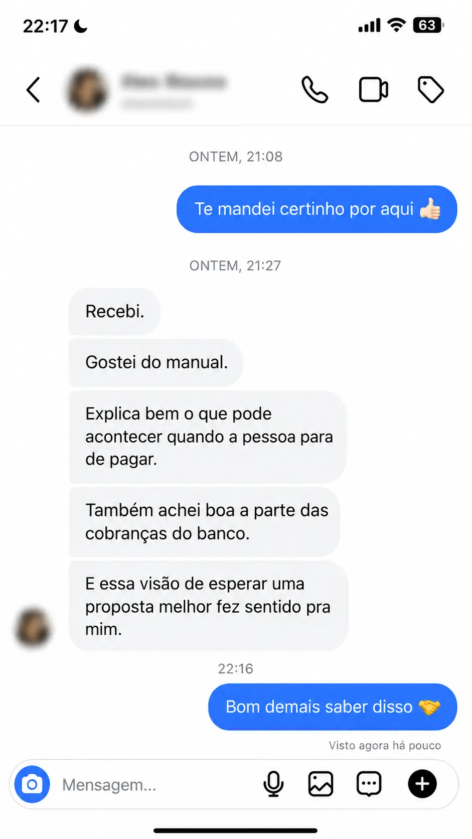 Depoimento de uma pessoa que adquiriu o manual e destacou as explicações sobre parar de pagar e cobranças bancárias