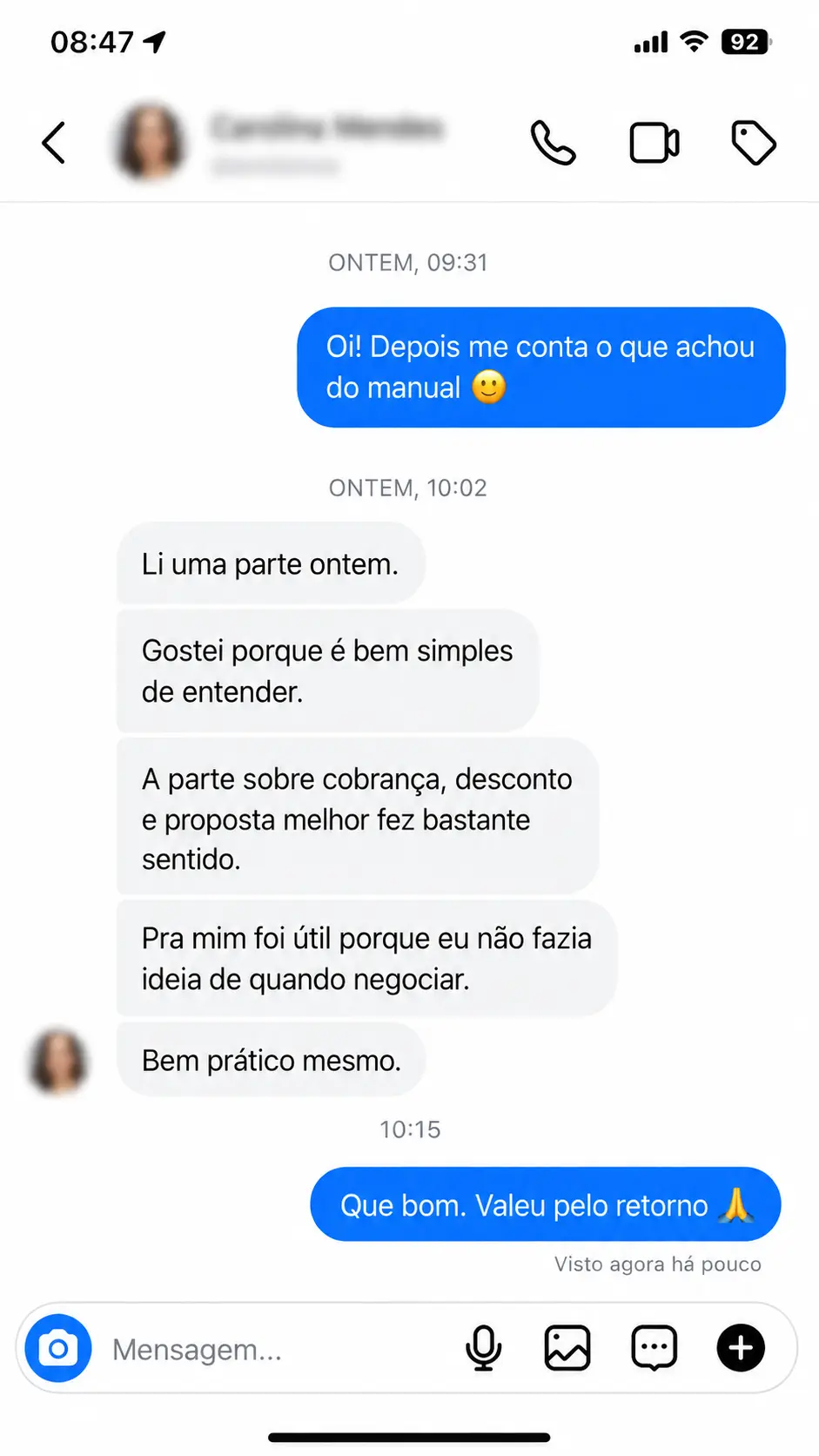 Depoimento de uma pessoa que adquiriu o manual e destacou a linguagem simples e prática